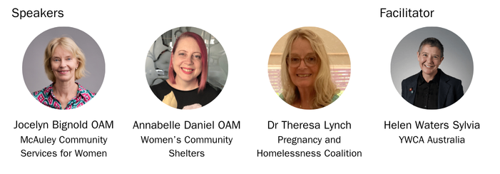 Headshots of conference session speakers: Jocelyn Bignold OAM, Annabelle Daniel OAM and Dr Theresa Lynch, and the facilitator, Helen Waters Silvia.